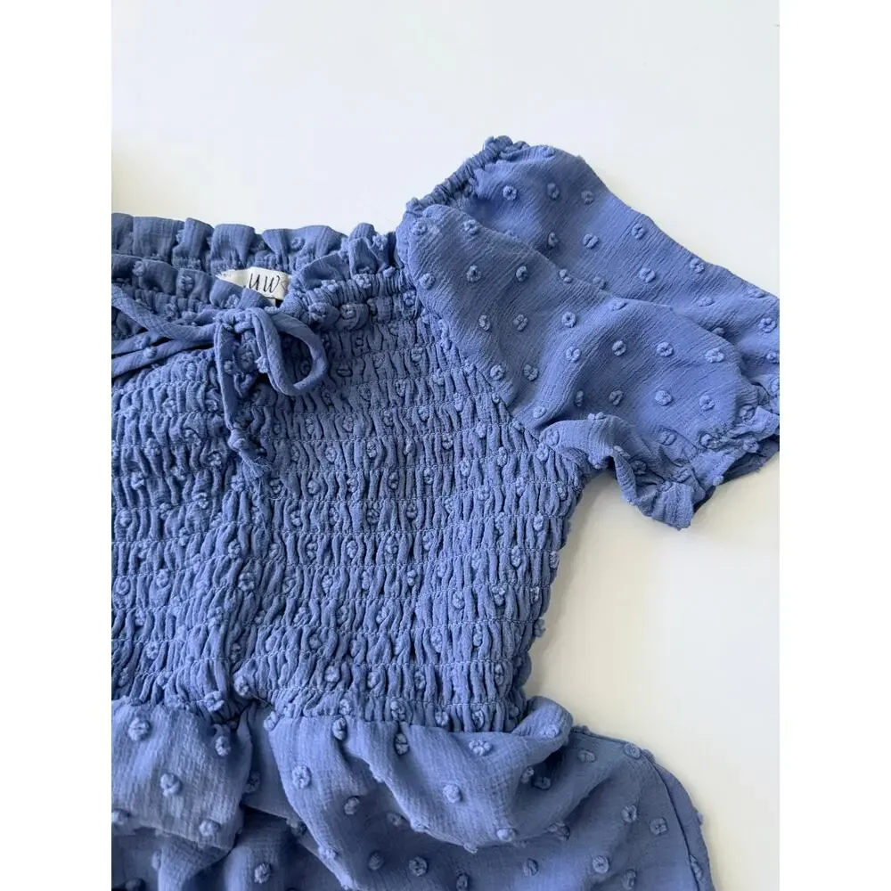 AUW Girls Blue Smocked Swiss Dot Dress Puff Sleeve Size 8